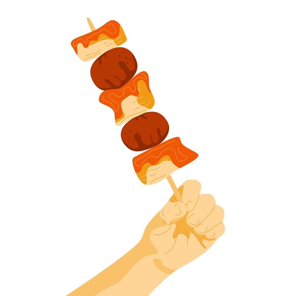 Human hand with chicken skewers on stick. Korean street food ddakkochi. Chicken and tomatos on stick in turns. Asian food snack. For banner menu promotion. Vector illustration.