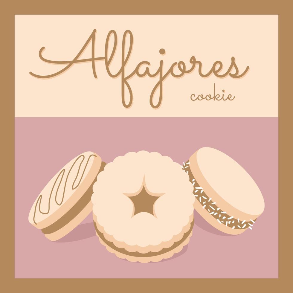Latin american traditional alfajores cookie poster. Cute decoration for banner packaging cover menu postcard. Sweet cookie with milk jam different decor. Vector illustration.