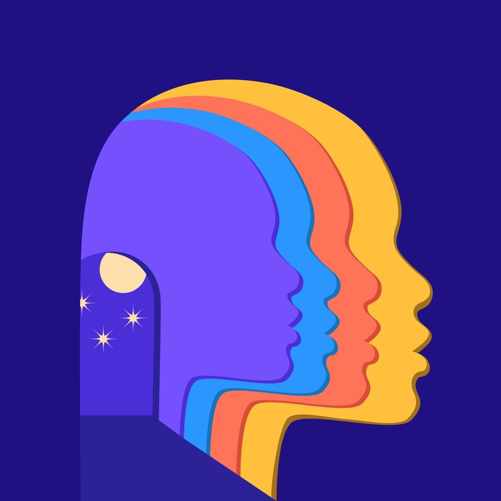 Liminal spaces from human head silhouettes. Rainbow faces on way to the depths of starry sky. Concept of mental health, selfcare, self development. The path to the secrets of psyche and consciousness. vector