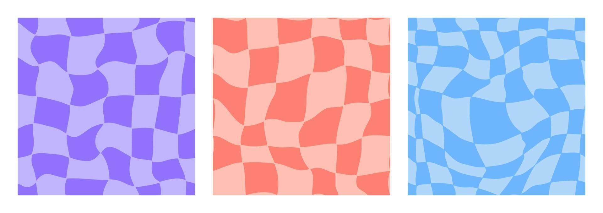 Distorted checkered 1960, 1970 seamless pattern set. Groovy retro trippy grid psychedelic background. Hippie aesthetic vibe abstract swirl chessboard. Funky y2k square templates. Vector illustration.