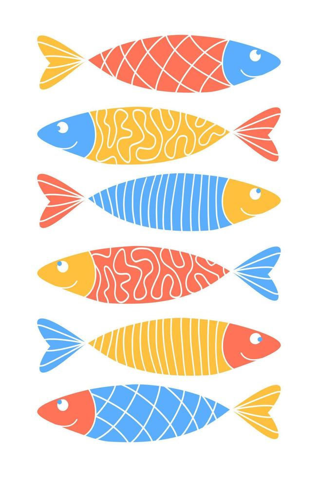 afiche vertical con lindas sardinas estampadas con garabatos. colorido juego de peces zentangle. motivos de arenque. decoración de pared divertida para guardería infantil, arte positivo, restaurante de comida marina. ilustración vectorial vector