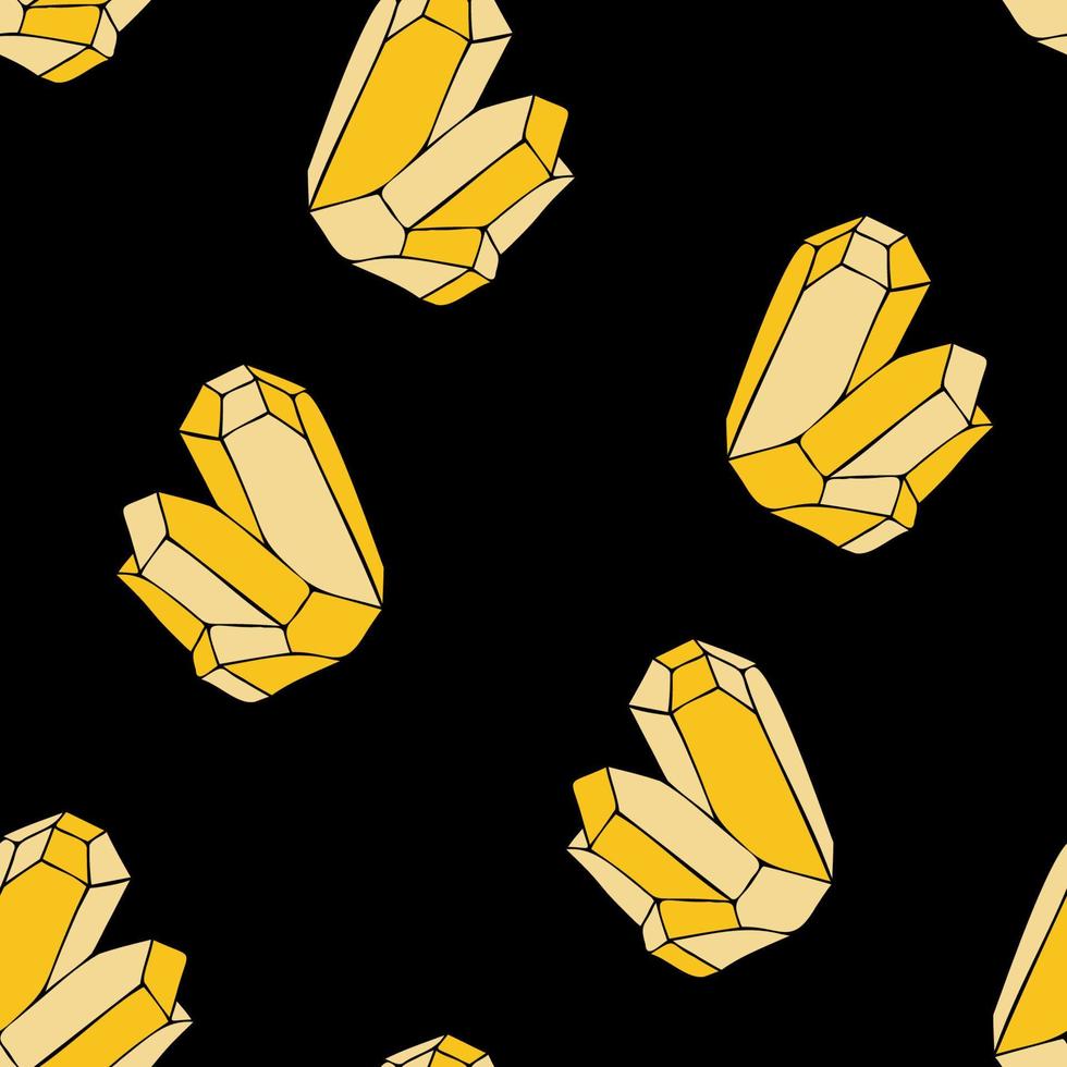 Yellow shiny crystals on dark background seamless pattern. Polygonal quartz crystals simple abstract pattern. Magic healing crystals gems repeatable template. Vector illustration.