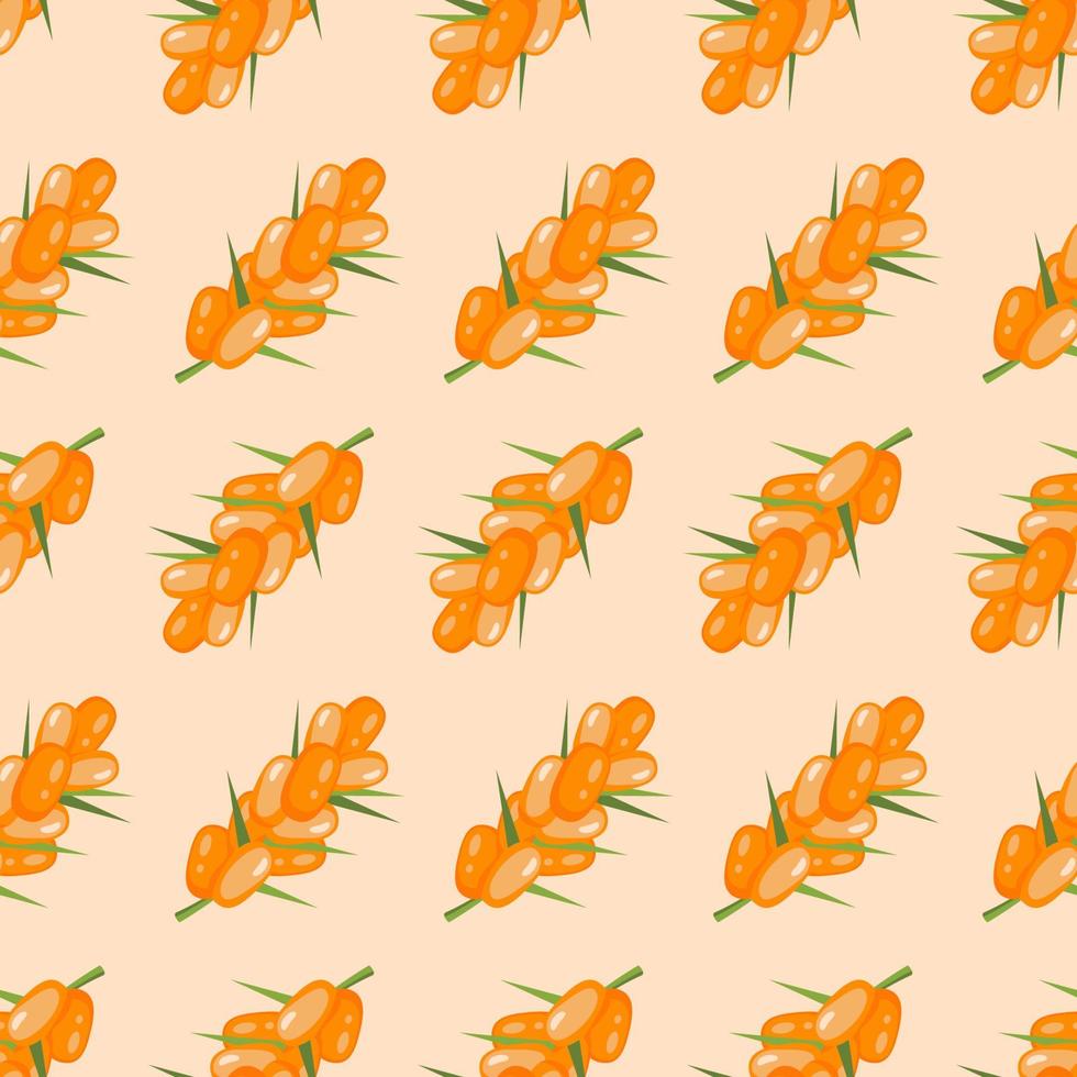 Sea buckthorn grapes simple seamless pattern. Bright berry background. Buckthorn berries with small sharp leaves. Eco friendly packaging for juice, fruit puree, textile, covers. Vector illustration.