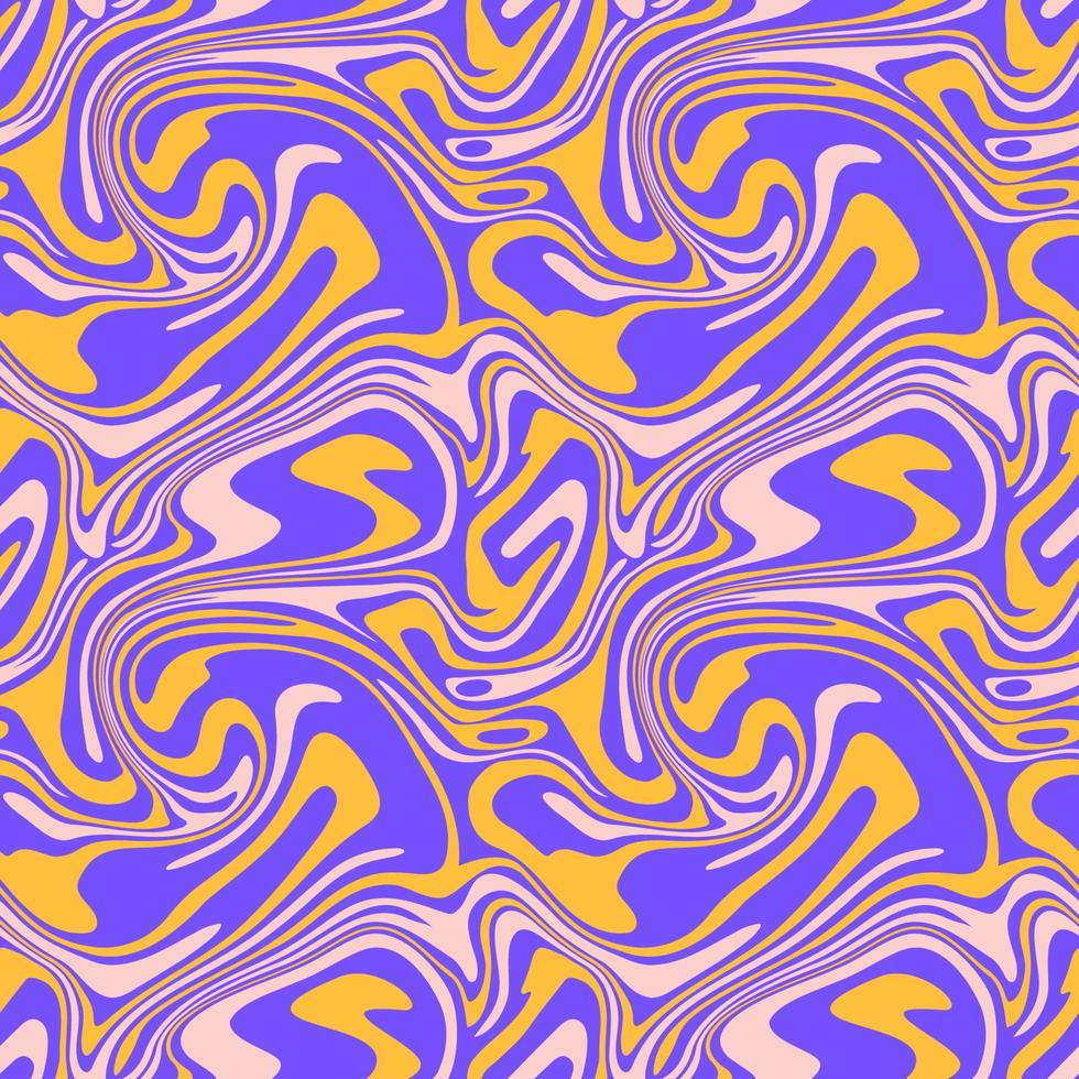1970 patrón sin costuras de mármol líquido. textura de remolino ondulado púrpura amarillo. maravilloso fondo psicodélico trippy. ilustración vectorial estética hippie. vector