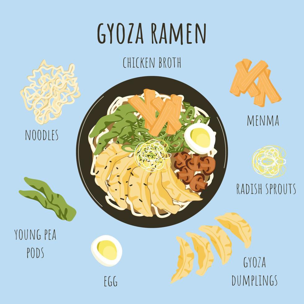 Oriental food. Asian gyoza ramen soup ingredients. Chicken broth with noodles, gyoza dumplings, menma, egg, pea pods, radish sprouts. Chinese japanese korean cuisine popular dish. Vector illustration.