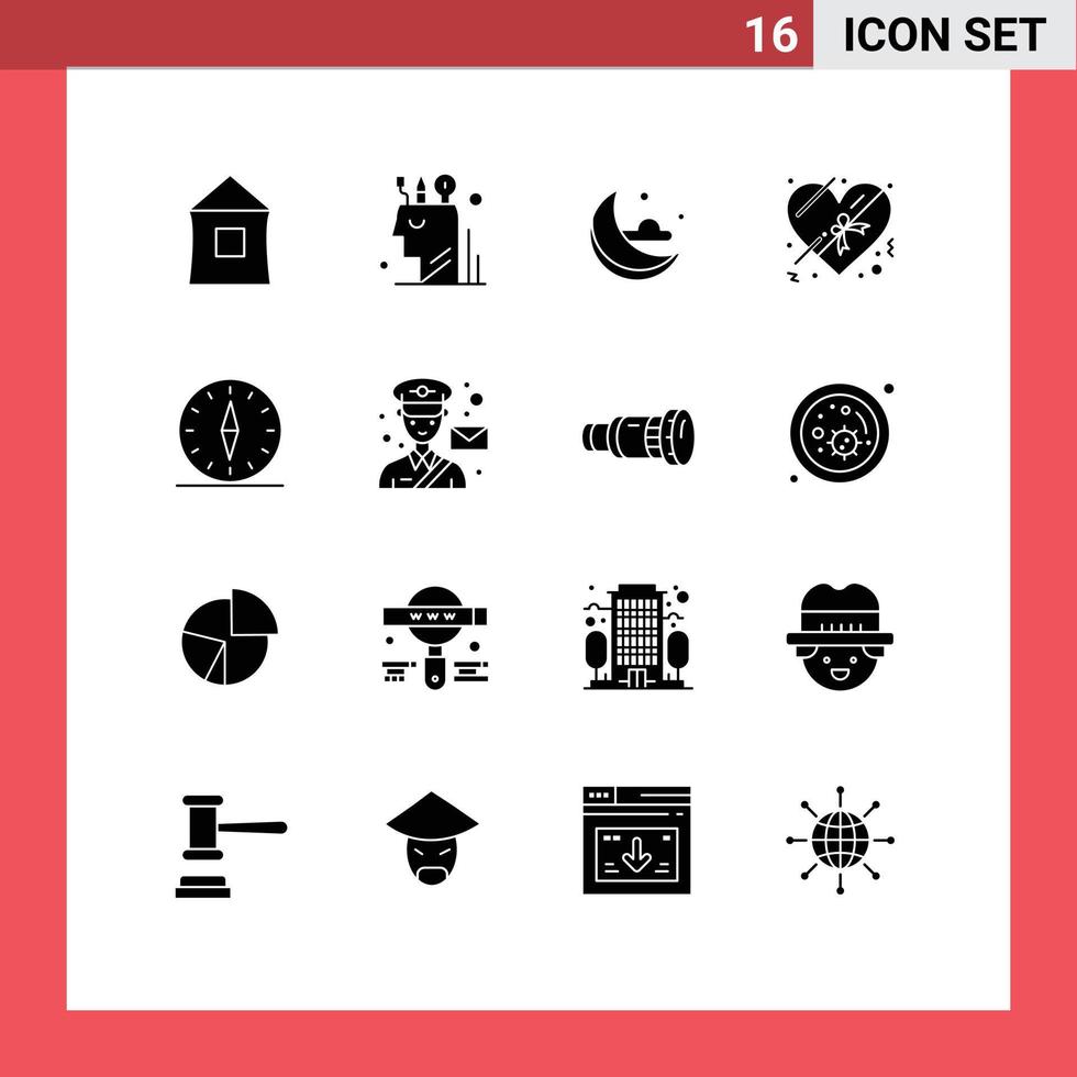 Set of 16 Modern UI Icons Symbols Signs for compass romance user present weather Editable Vector Design Elements