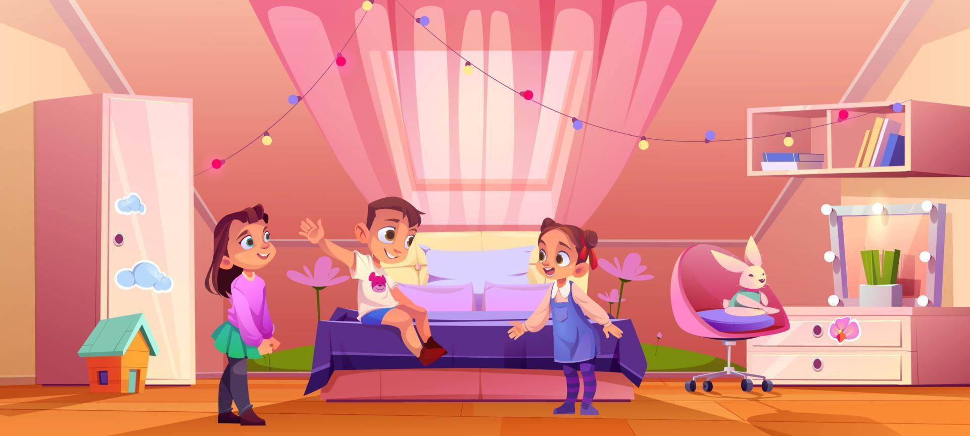 Bedroom on attic with cute playing kids vector
