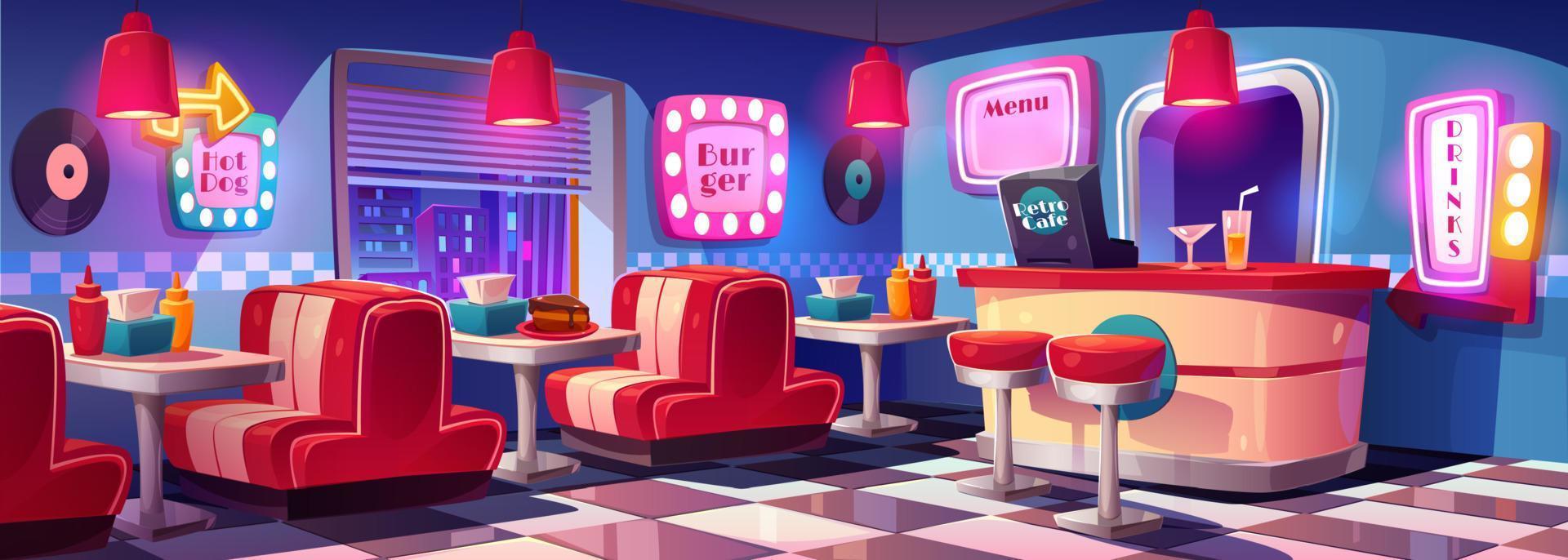 Fast food retro cafe restaurant night interior vector