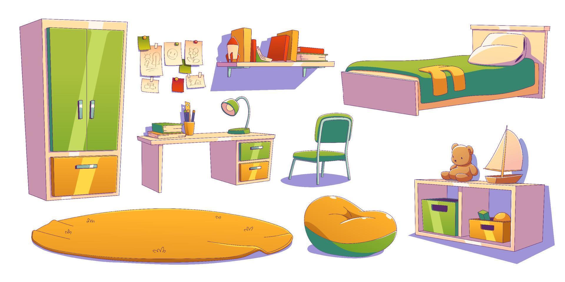 Boy room, kid bedroom or nursery interior elements vector