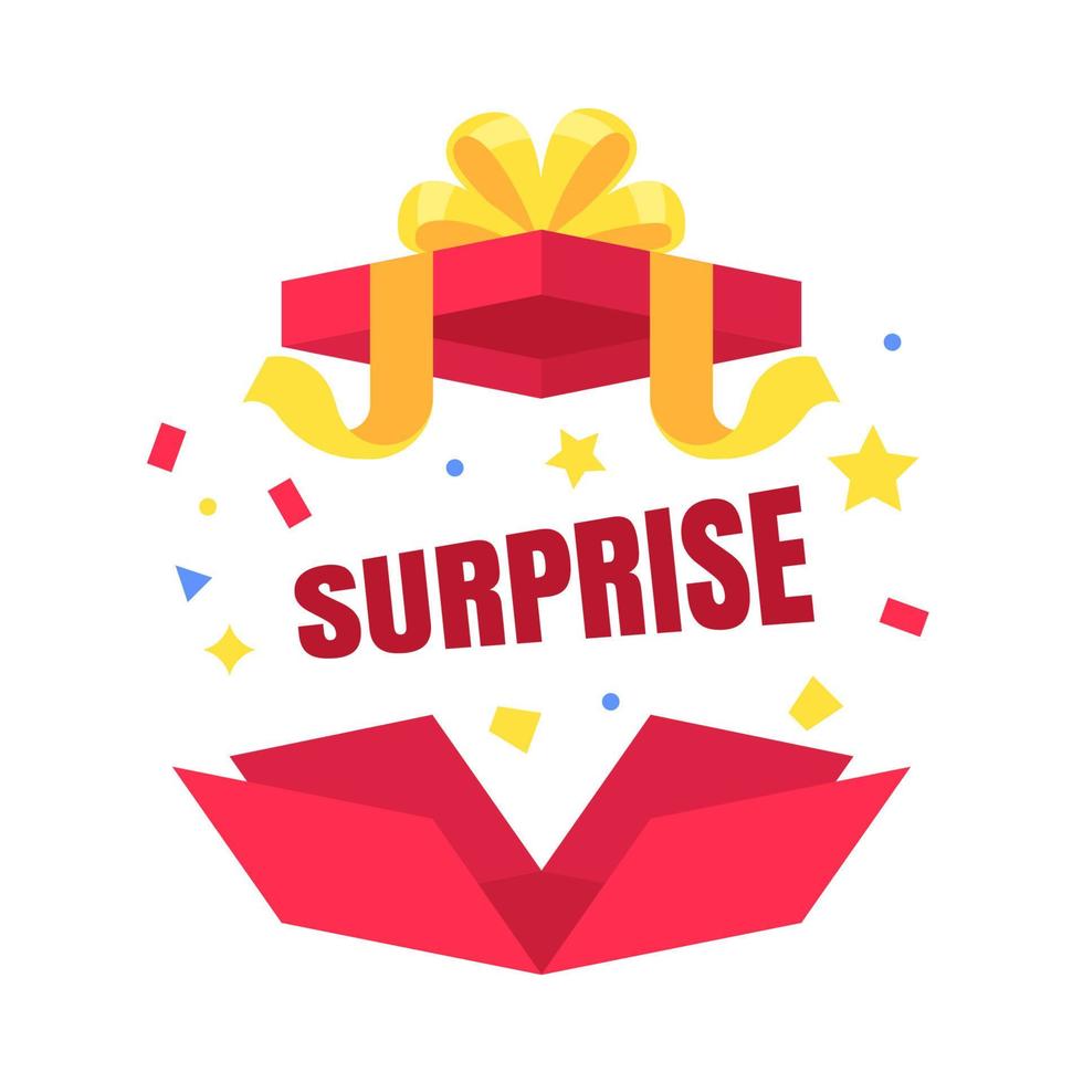 Colorful blank gift box with surprise text in flat design for using as banner vector