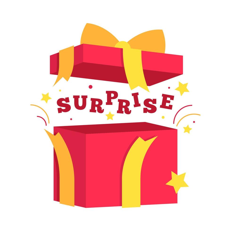 colorida caja de regalo en blanco con texto sorpresa en diseño plano para usar como banner vector