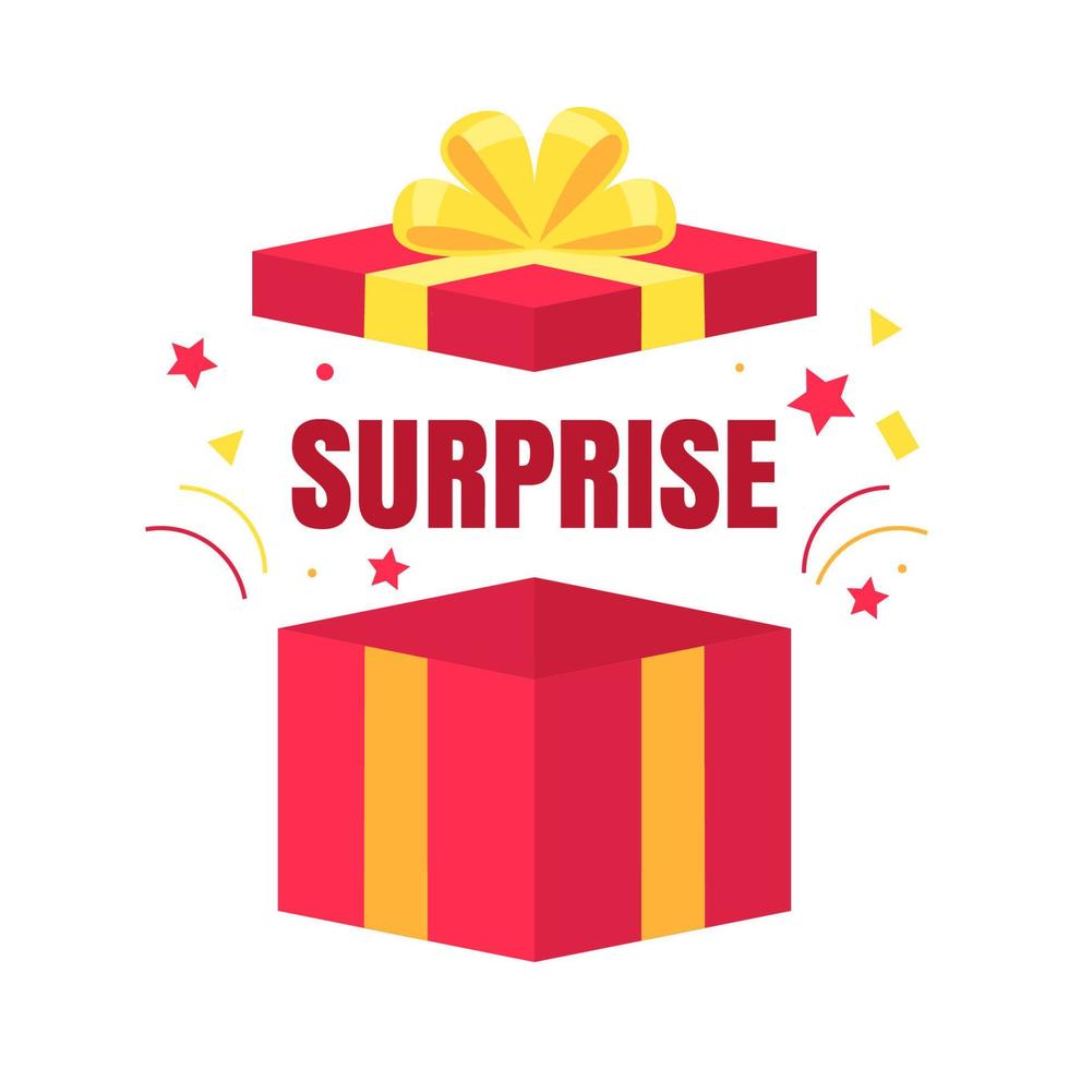 Colorful blank gift box with surprise text in flat design for using as banner vector
