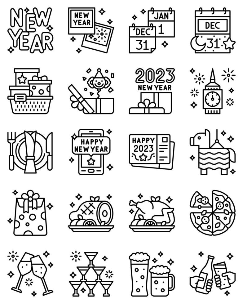 conjunto de iconos de vector de línea relacionado de año nuevo 3