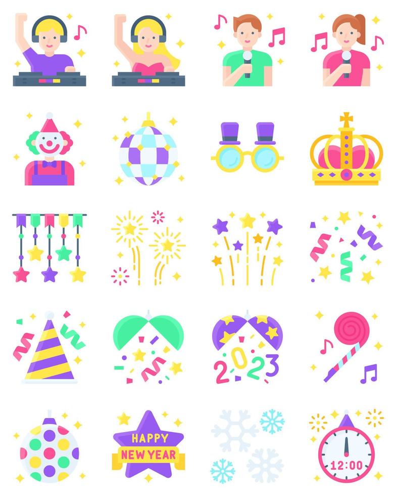 conjunto de iconos de vector plano relacionado con año nuevo
