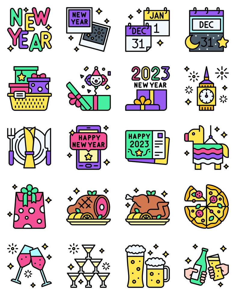 conjunto de iconos de vector lleno relacionado con el año nuevo 3