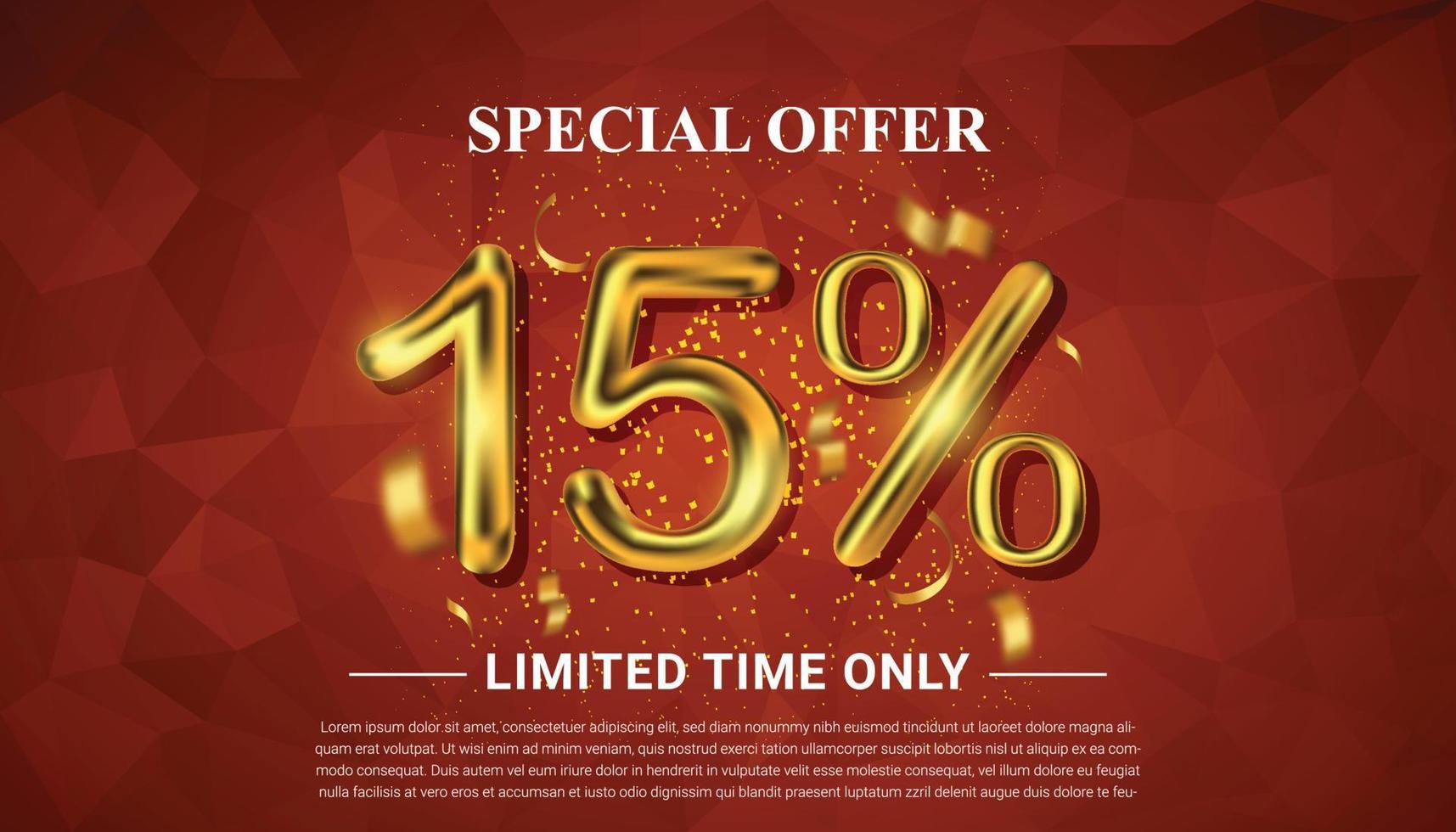 15 percent off selling voucher with 3d golden number vector