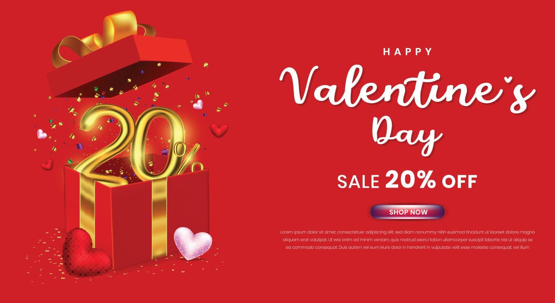 venta del día de san valentín 20 por ciento de descuento en promoción o plantilla de compras con caja de regalo y número 3d vector