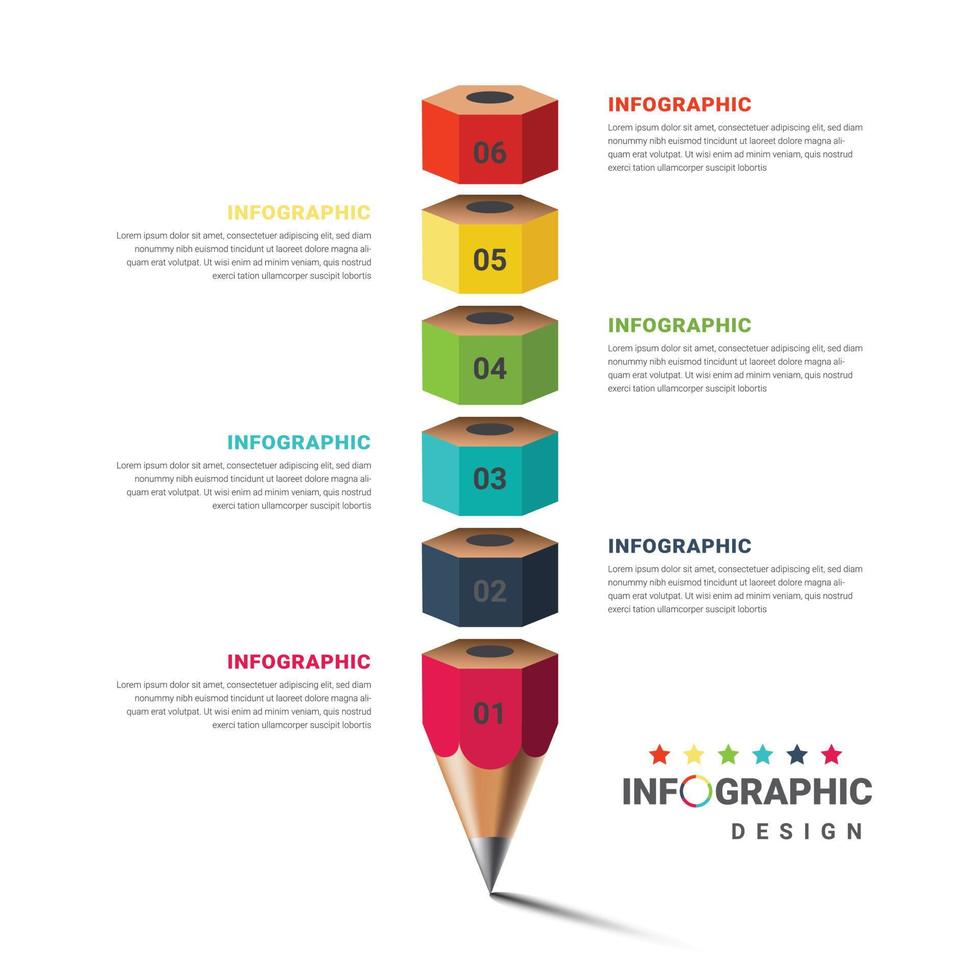 vector de plantilla de infografía de lápiz colorido moderno con seis pasos