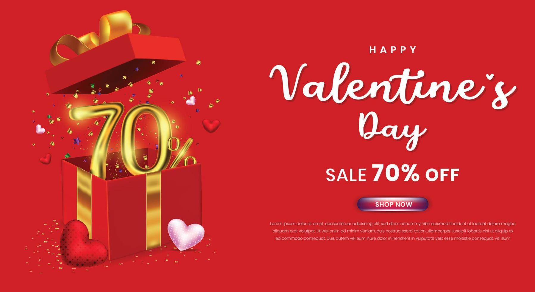 Valentines day sale 70 percent off promotion or shopping template with gift box and 3d number vector