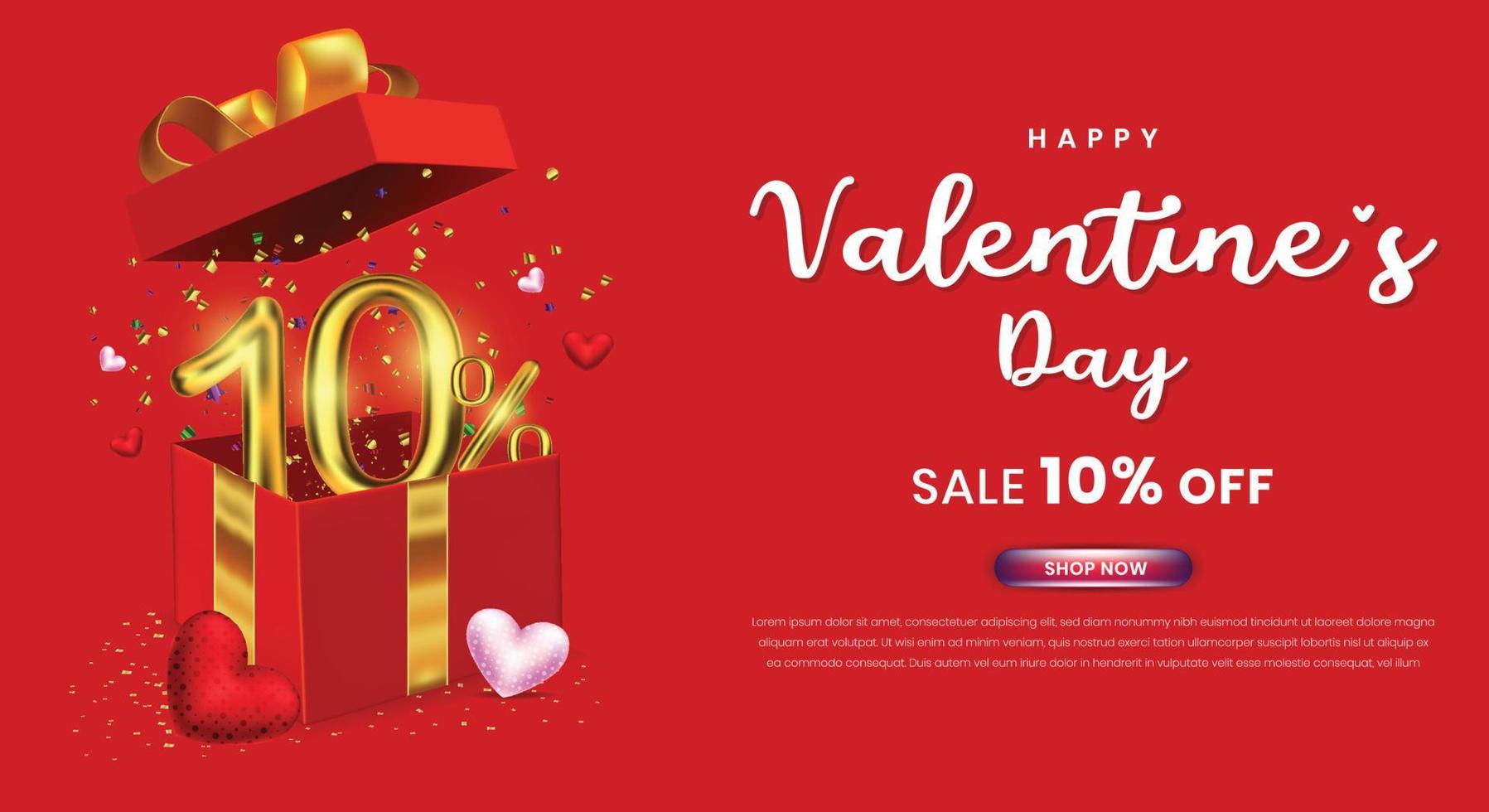 venta del día de san valentín 10 por ciento de descuento en promoción o plantilla de compras con caja de regalo y número 3d vector