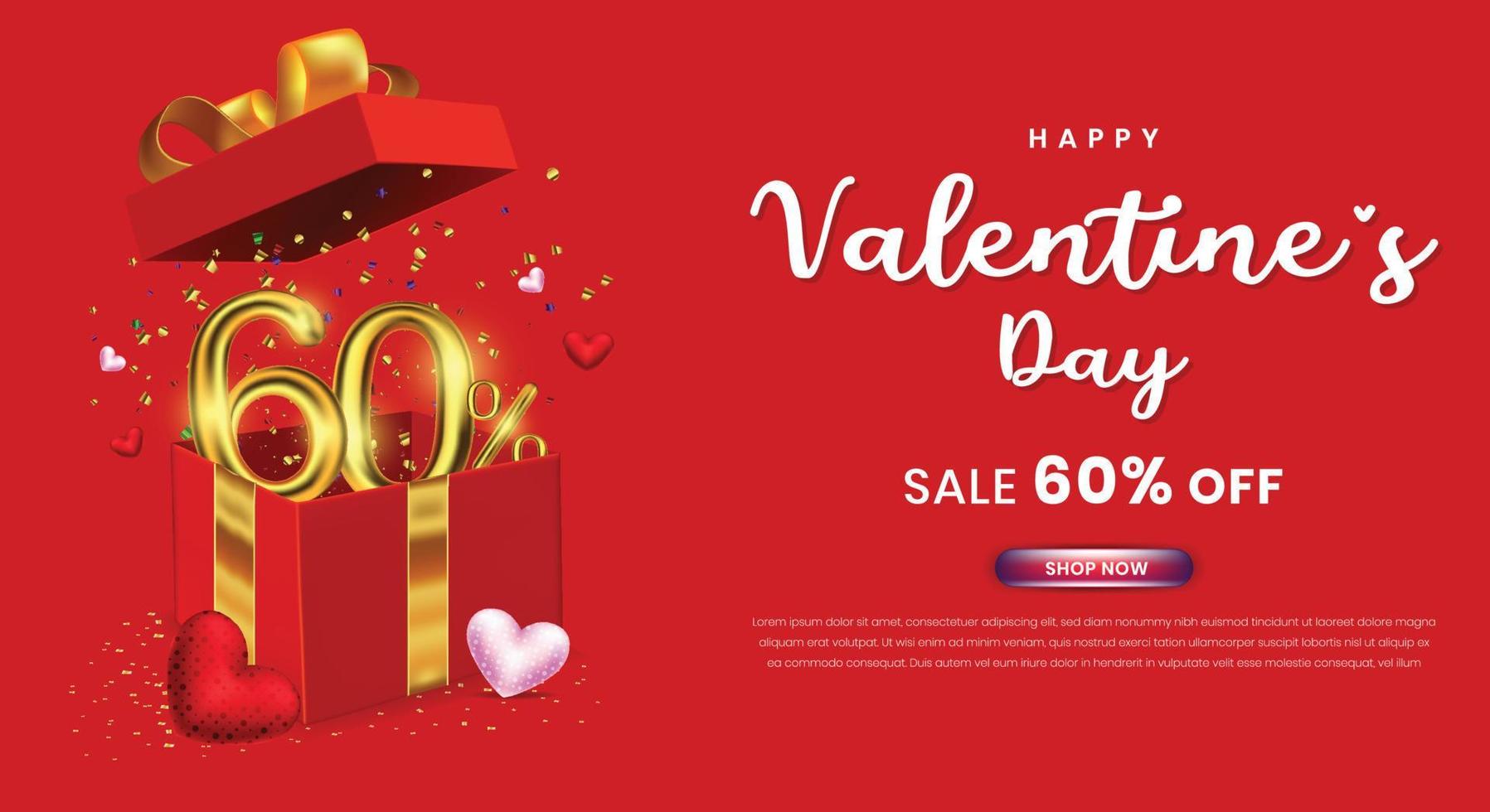Valentines day sale 60 percent off promotion or shopping template with gift box and 3d number vector