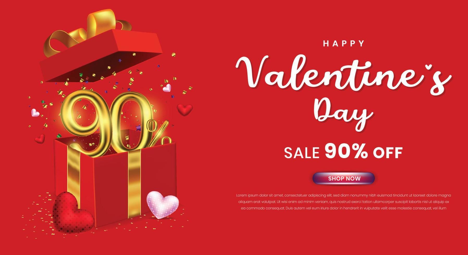 venta del día de san valentín 90 por ciento de descuento en promoción o plantilla de compras con caja de regalo y número 3d vector