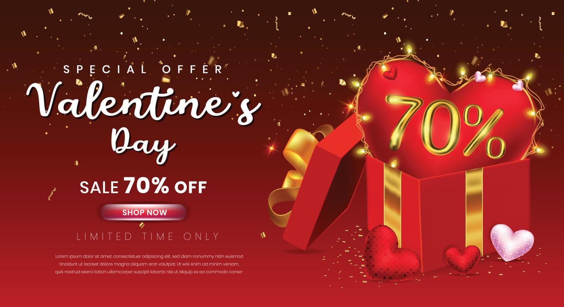 Valentines day 70 percent off selling template with gift box and 3d number vector