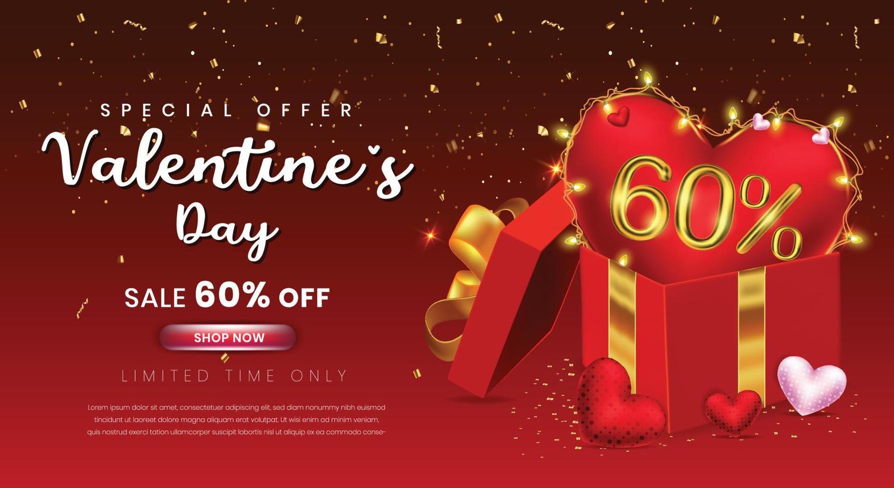 Valentines day 60 percent off selling template with gift box and 3d number vector
