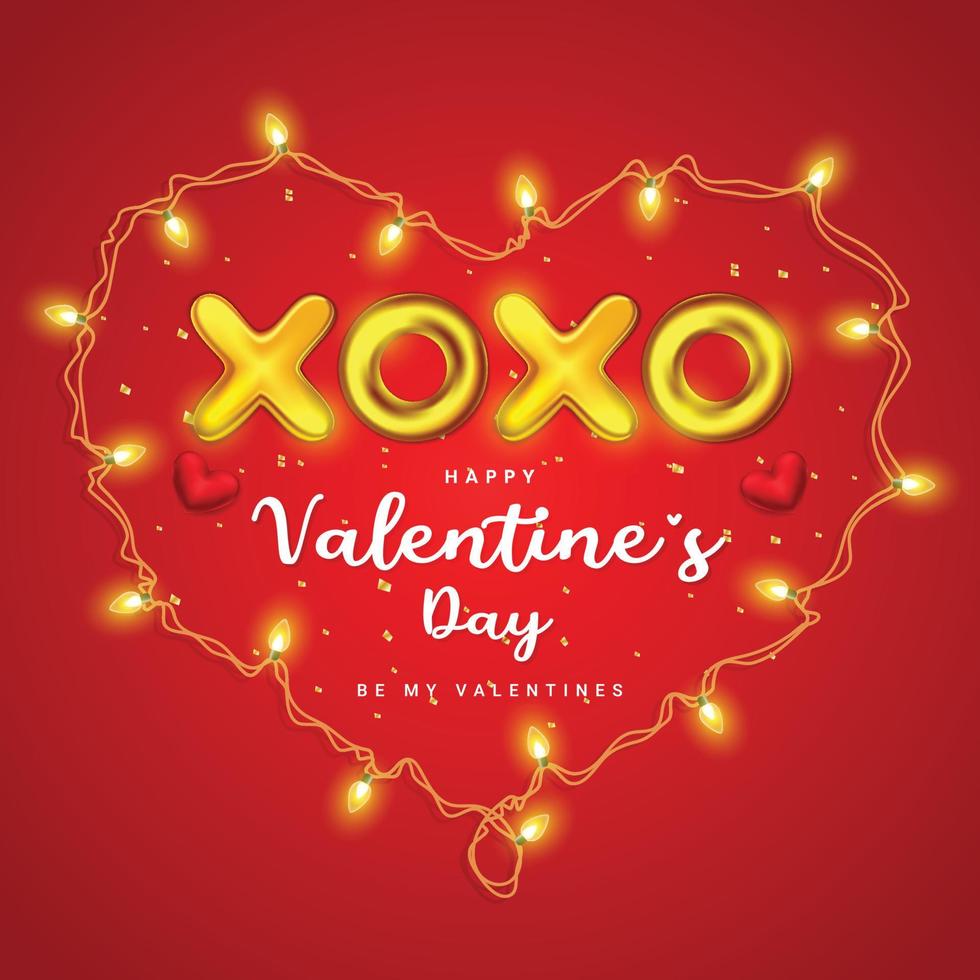 saludos del día de san valentín con bombilla y xoxo golden 3d letter vector