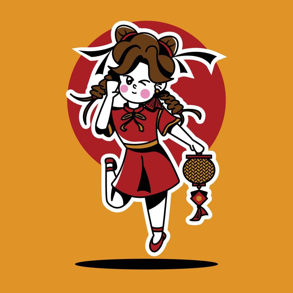 Cute chinese girl cartoon. chinese new year vector illustration isolated