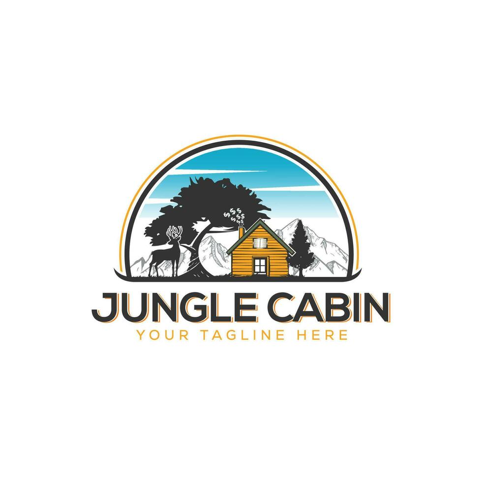 logotipo del campamento de la jungla - plantilla del logotipo de la montaña y el ciervo de la cabaña del campamento de la jungla vector