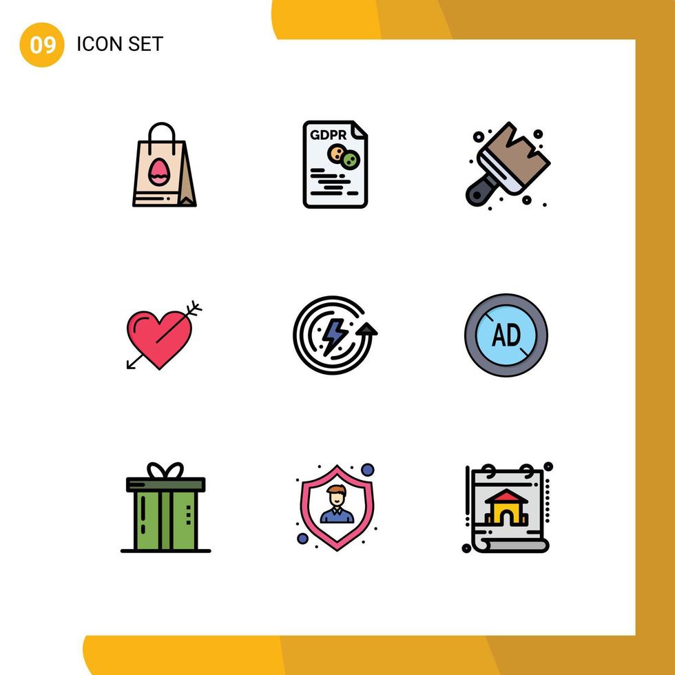Mobile Interface Filledline Flat Color Set of 9 Pictograms of valentine holidays secure arrow brush Editable Vector Design Elements