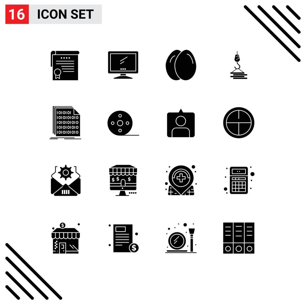 Pictogram Set of 16 Simple Solid Glyphs of binary harbor pc construction crane Editable Vector Design Elements
