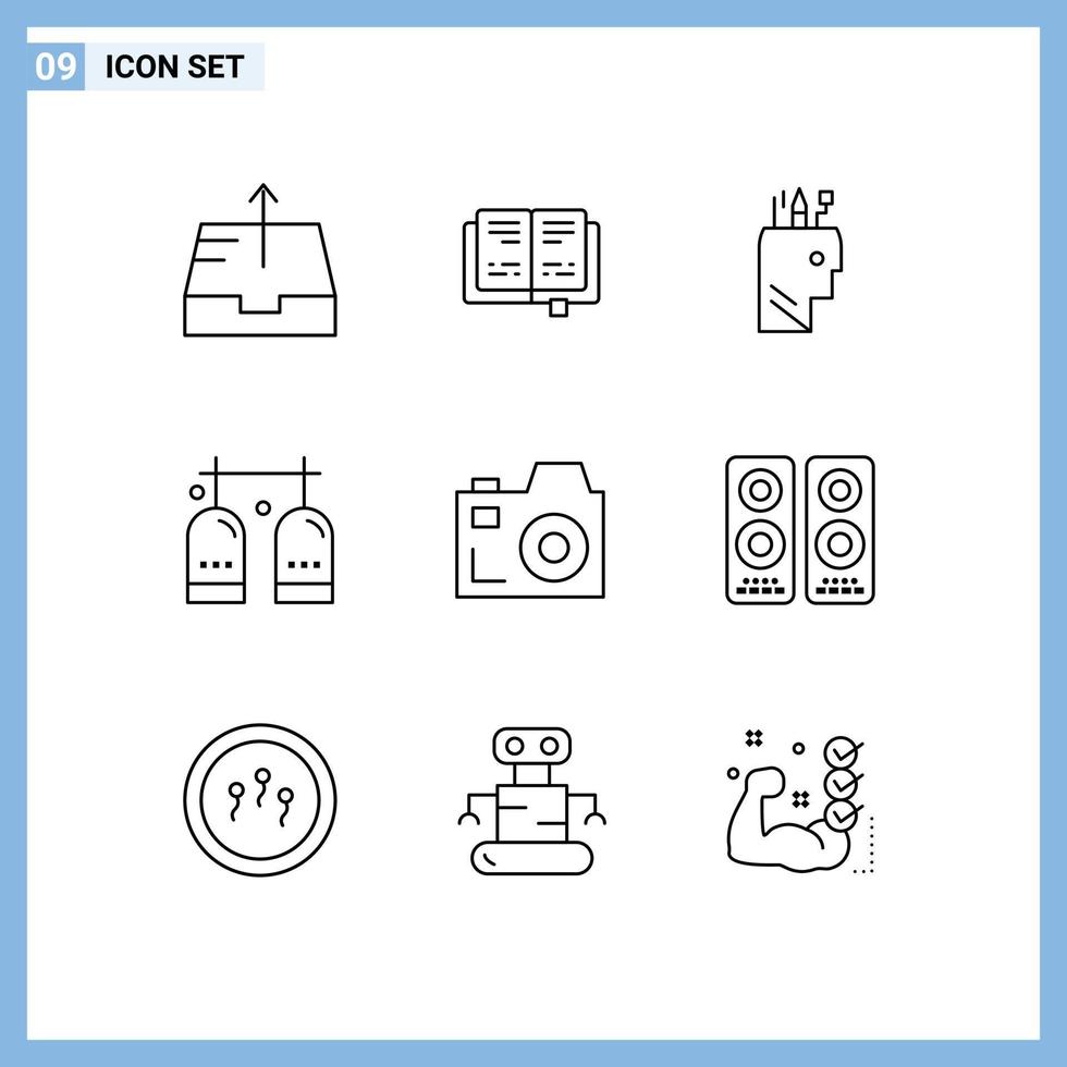 Pictogram Set of 9 Simple Outlines of media camera head oxygen equipment Editable Vector Design Elements