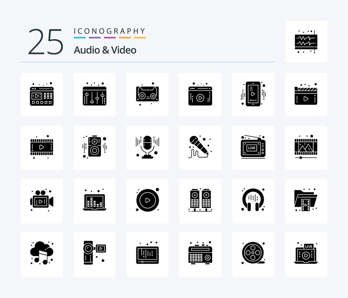 paquete de iconos de 25 glifos sólidos de audio y video que incluye medios. jugador. casete. móvil. jugador vector