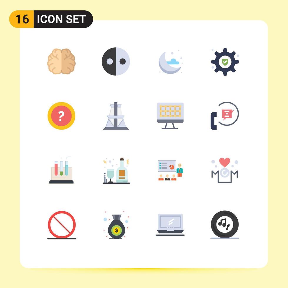 Pack of 16 Modern Flat Colors Signs and Symbols for Web Print Media such as question ask moon about gear insurance Editable Pack of Creative Vector Design Elements