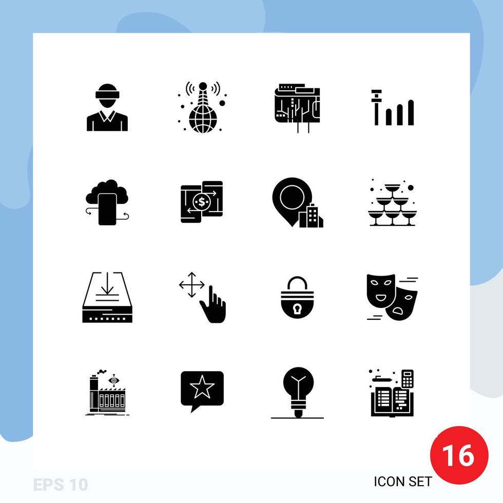 Pack of 16 creative Solid Glyphs of business signal news connection internet Editable Vector Design Elements