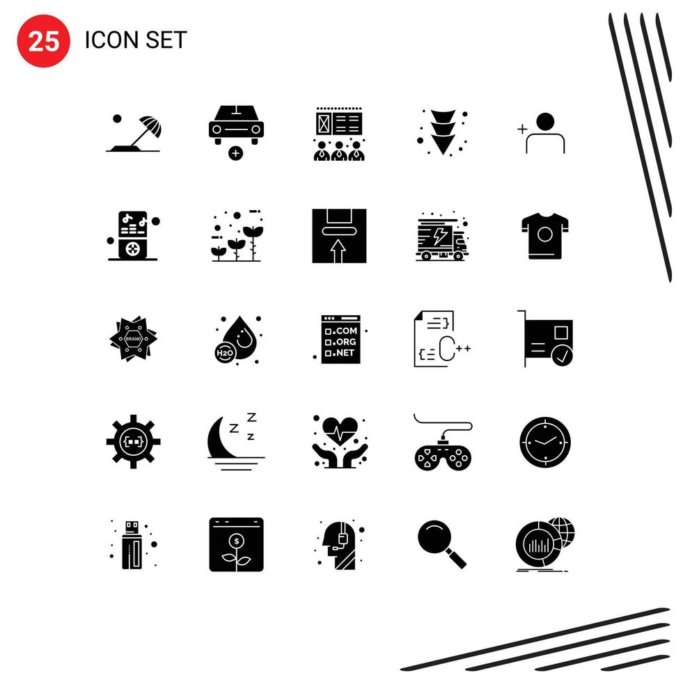 User Interface Pack of 25 Basic Solid Glyphs of sets discover people vehicles full arrow Editable Vector Design Elements