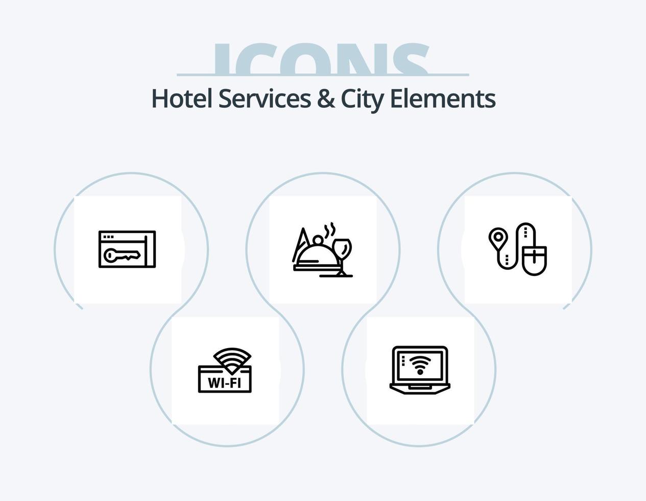 servicios de hotel y elementos de la ciudad línea icon pack 5 diseño de iconos. té. habitación. bicicleta. llave. condición física vector