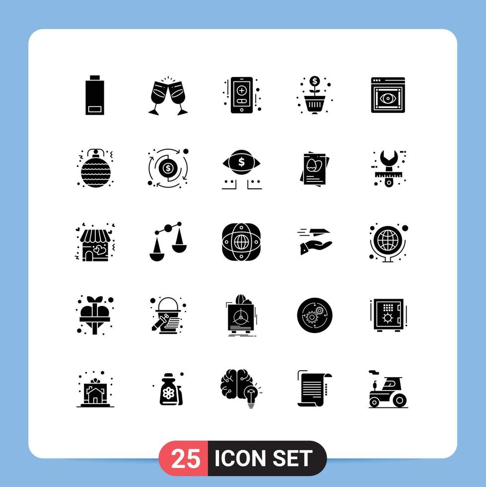 Modern Set of 25 Solid Glyphs and symbols such as visibility eye health care money profit Editable Vector Design Elements