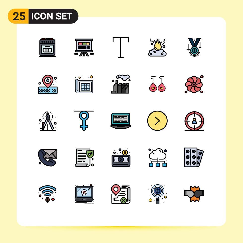 paquete de interfaz de usuario de 25 colores planos básicos de línea rellena de elementos de diseño de vector editables de quema de basura de ventas de contaminación de premios