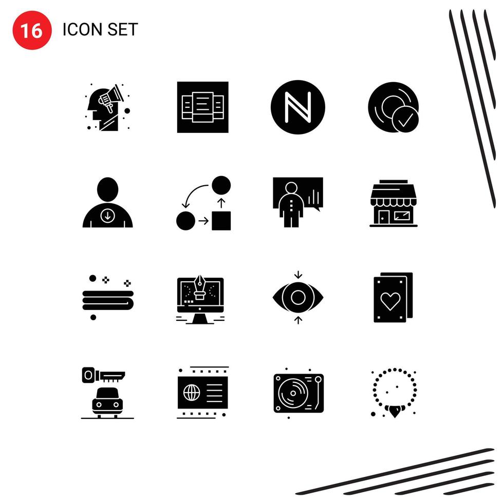 Modern Set of 16 Solid Glyphs Pictograph of diagram next currency down disc Editable Vector Design Elements