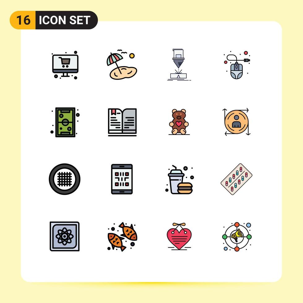 Universal Icon Symbols Group of 16 Modern Flat Color Filled Lines of fun hardware cutting computer mouse steel Editable Creative Vector Design Elements