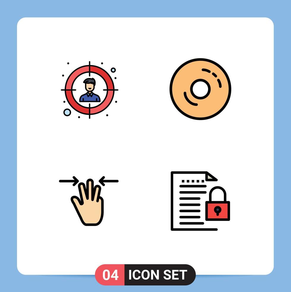 4 User Interface Filledline Flat Color Pack of modern Signs and Symbols of audience hand bagels food three fingers Editable Vector Design Elements