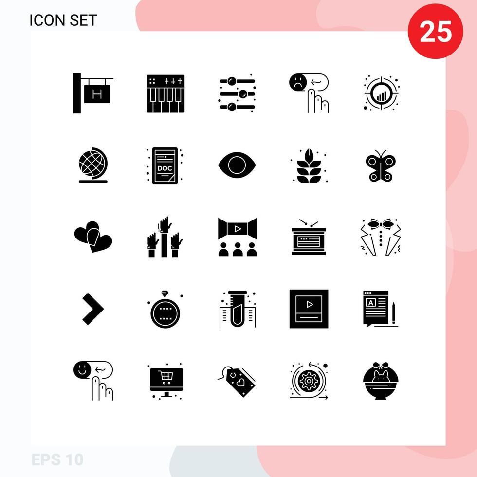 Pack of 25 Modern Solid Glyphs Signs and Symbols for Web Print Media such as chart sad design element rating emotion Editable Vector Design Elements