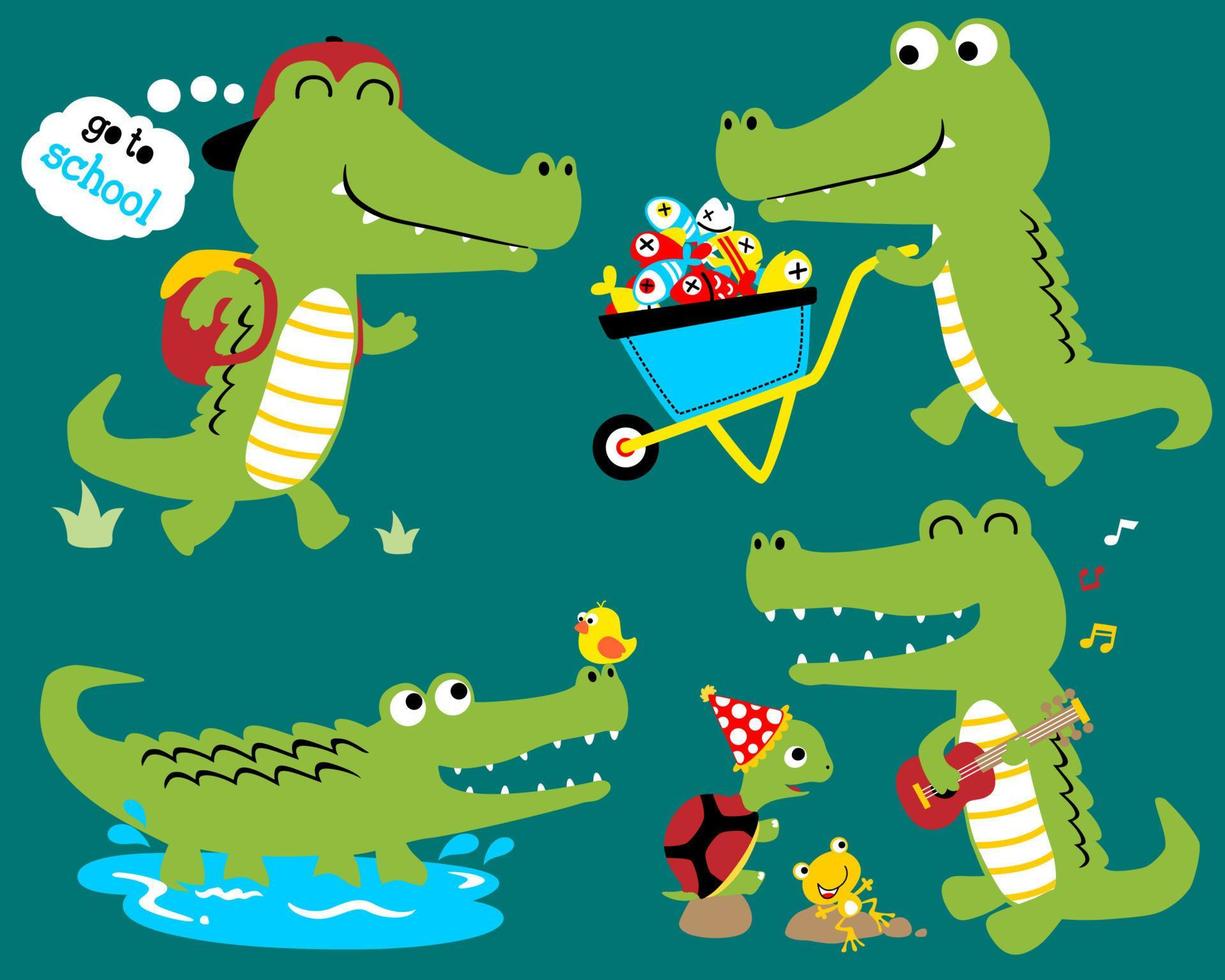 Vector set of funny crocodiles cartoon in different action with friends