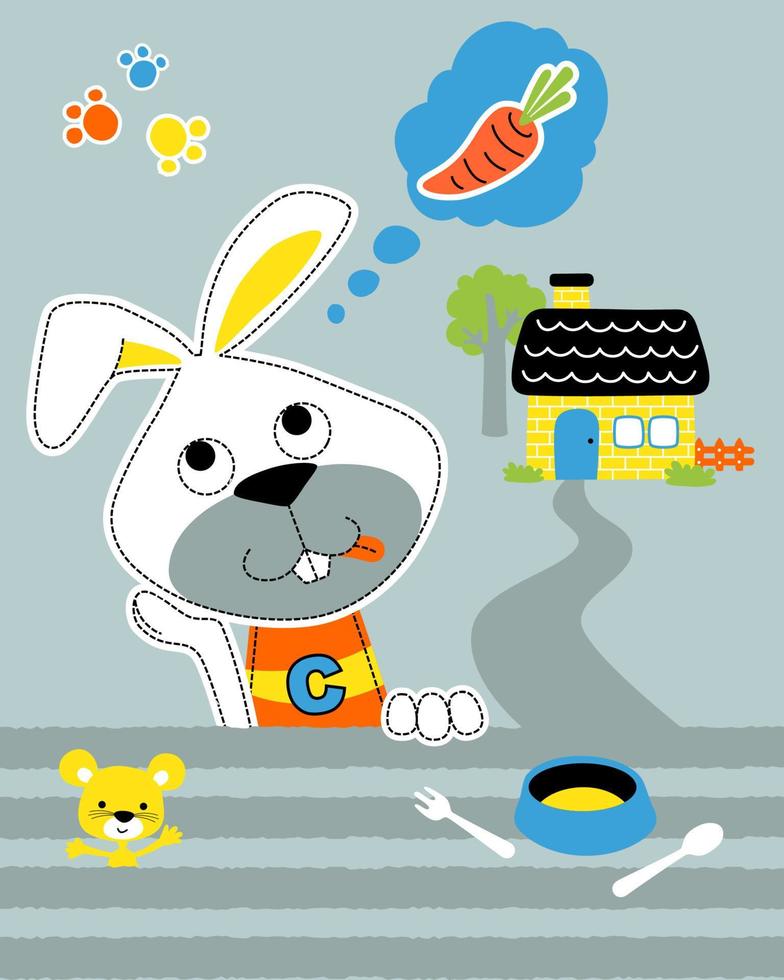 Animals cartoon vector, rabbit thinking about carrot on little home background, little mouse with tableware vector