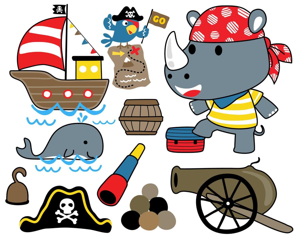 Cute rhino cartoon in pirate costume with pirate sailing elements vector