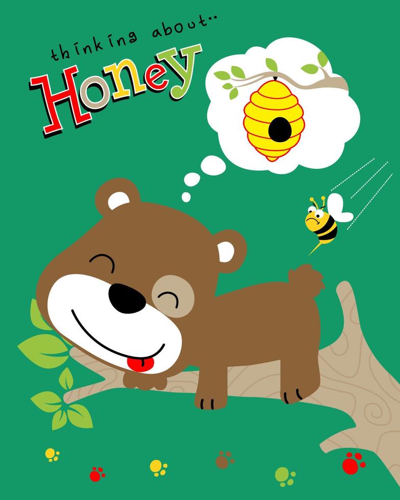 Vector cartoon of funny bear sleeping on tree branches and dreaming sweet honey, little bee stinging