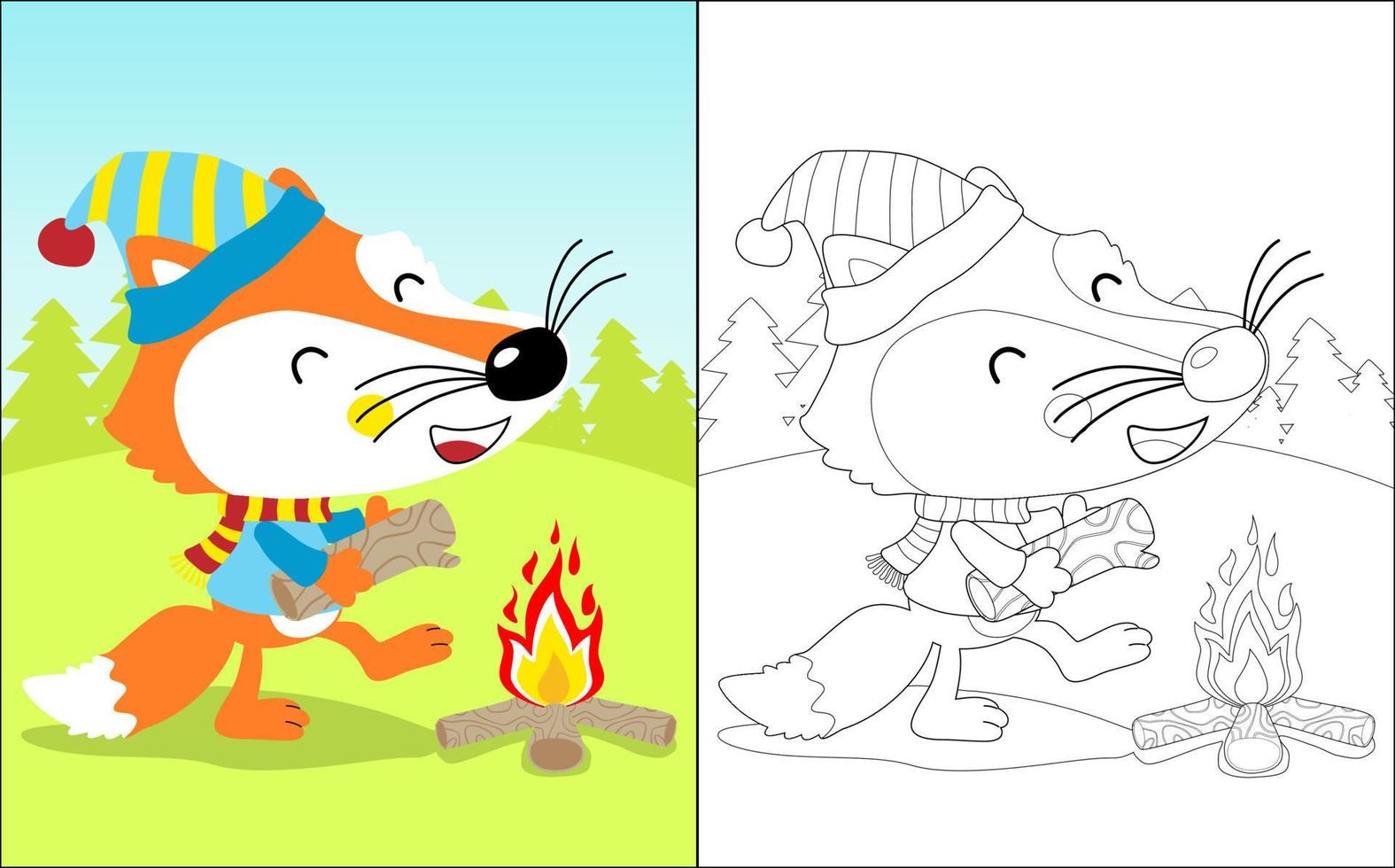 Vector illustration of coloring book, fox in winter clothes collecting firewood to make a bonfire